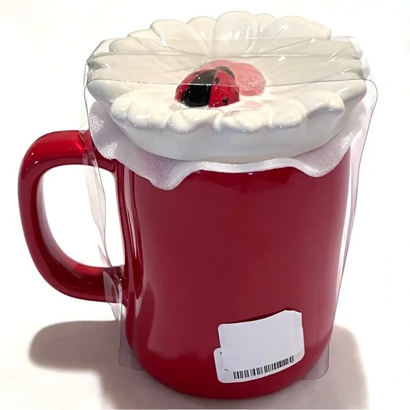 Rae Dunn LOVE BUG Ceramic Mug with Flower/Ladybug Topper Red/White - Picture 4 of 16